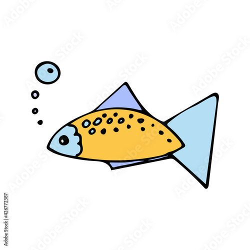 Colored fish with air bubbles in doodle style. Hand drawn icon and symbol for print on baby clothes, sticker, textile, menu design.