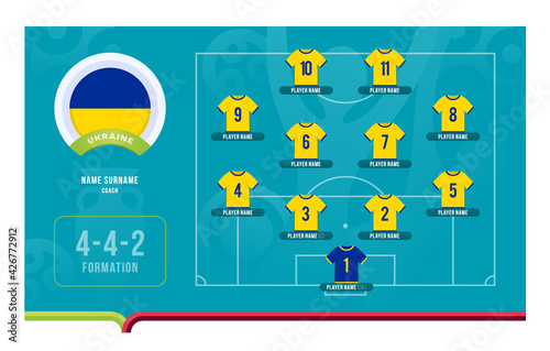 Ukraine line-up Football 2020 tournament final stage vector illustration. Country team lineup table and Team Formation on Football Field. 2020 soccer tournamet Vector country flags.