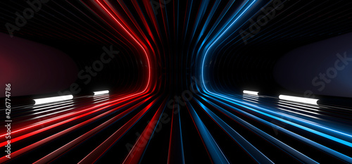 Fototapeta Naklejka Na Ścianę i Meble -  Sci Fy neon lamps in a dark tunnel. Reflections on the floor and walls. 3d rendering image.