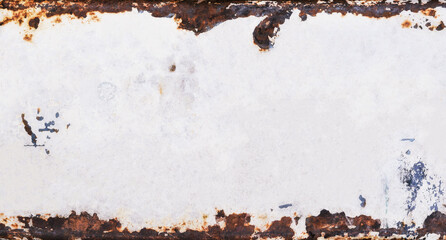 Old metal background with grunge texture and rusted vintage border, white peeling paint and brown grungy rust