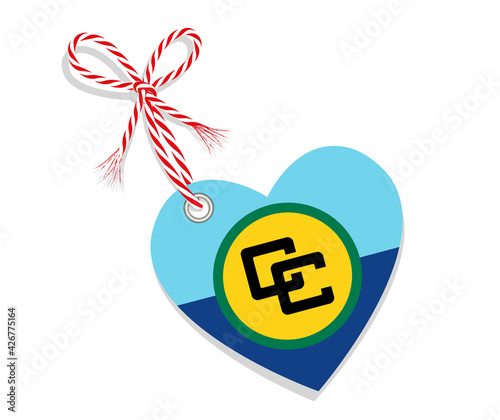 Fahne als Herz  „I Love Karibik Caricom“ mit Kordel-Schleife,
Vektor Illustration isoliert auf weißem Hintergrund
