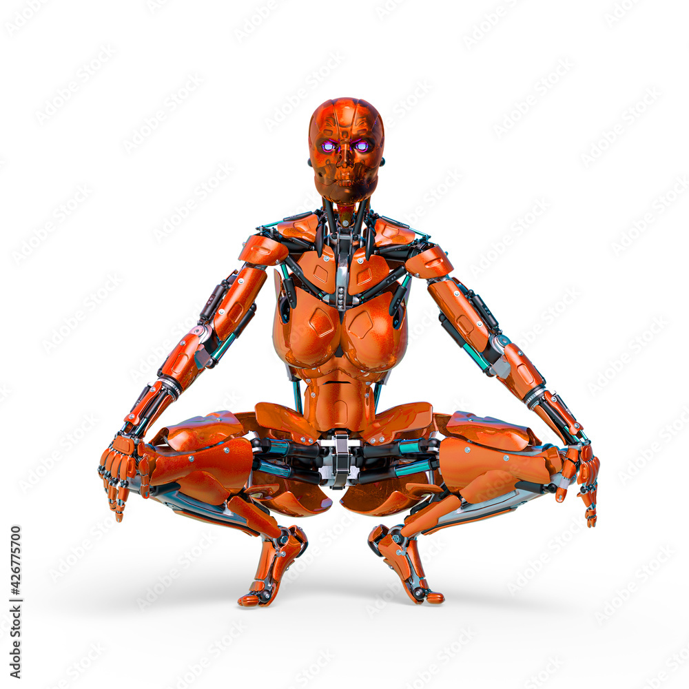 cyborg female comic waiting and loading frontal view in a white background cyborg female comic waiting and loading frontal view in a white background