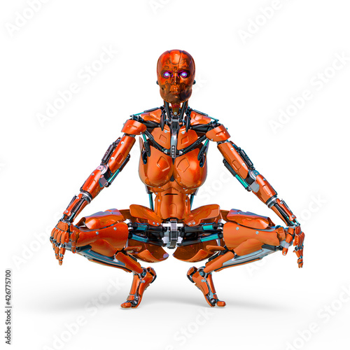 cyborg female comic waiting and loading frontal view in a white background