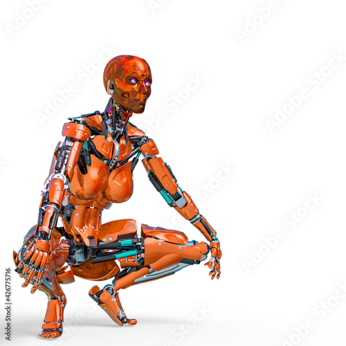 cyborg female comic waiting and loading in a white background