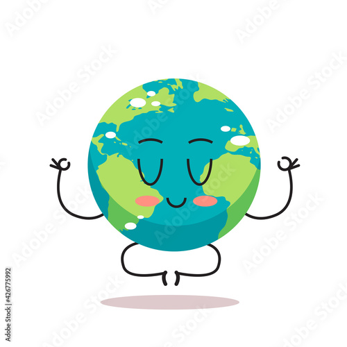cute earth character sitting lotus pose cartoon mascot globe personage save planet meditation concept isolated