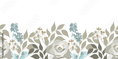Vector floral seamless pattern, border. Roses, small flowers, twigs, leaves. Floral elements isolated on a white background.