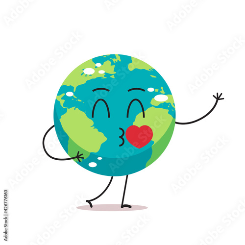 cute earth character blows kiss cartoon mascot globe personage with heart showing facial emotion save planet concept isolated