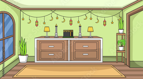 Background muslim religious room,praying room,reading al quran room. Ramadan ornament muslim With decorative plants.Background muslim illustration.