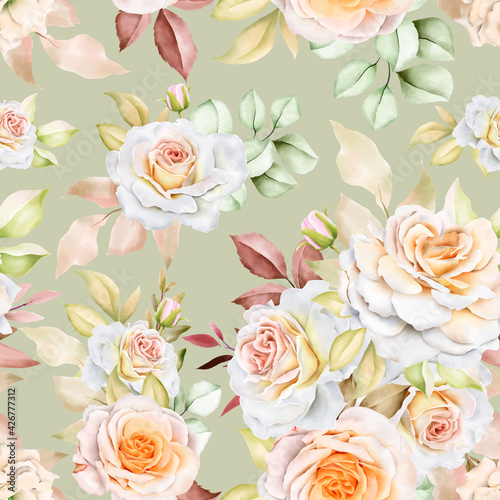 elegant watercolor floral and leaves seamless pattern © lukasdedi