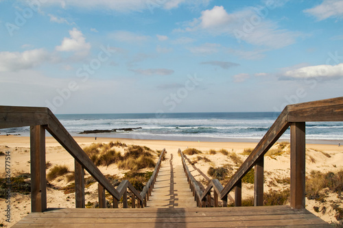 View of stairs to Monte clerigo beach in Aljezur, algarve Portugal.
