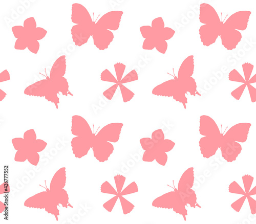 Vector seamless pattern of pink hand drawn  butter fly and flowers silhouette isolated on white background