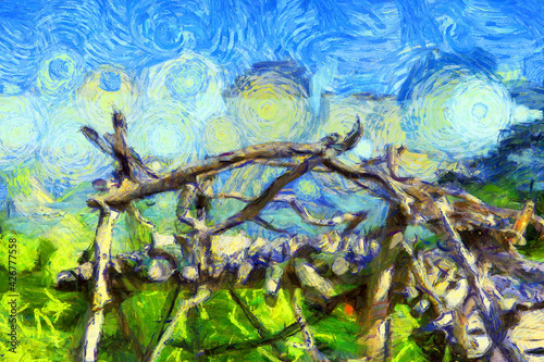 Scenic terrace made of trees Illustrations creates an impressionist style of painting.