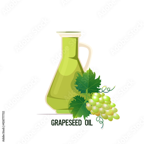 fresh grapeseed oil glass bottle with ripe grape fruit and leaves isolated on white background
