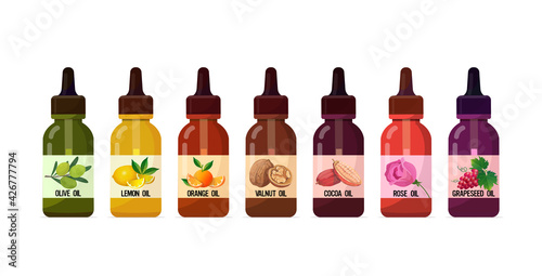 set realistic oil glass bottles with dropper cosmetic liquid ingredient for food drinks and spa product skincare concept horizontal
