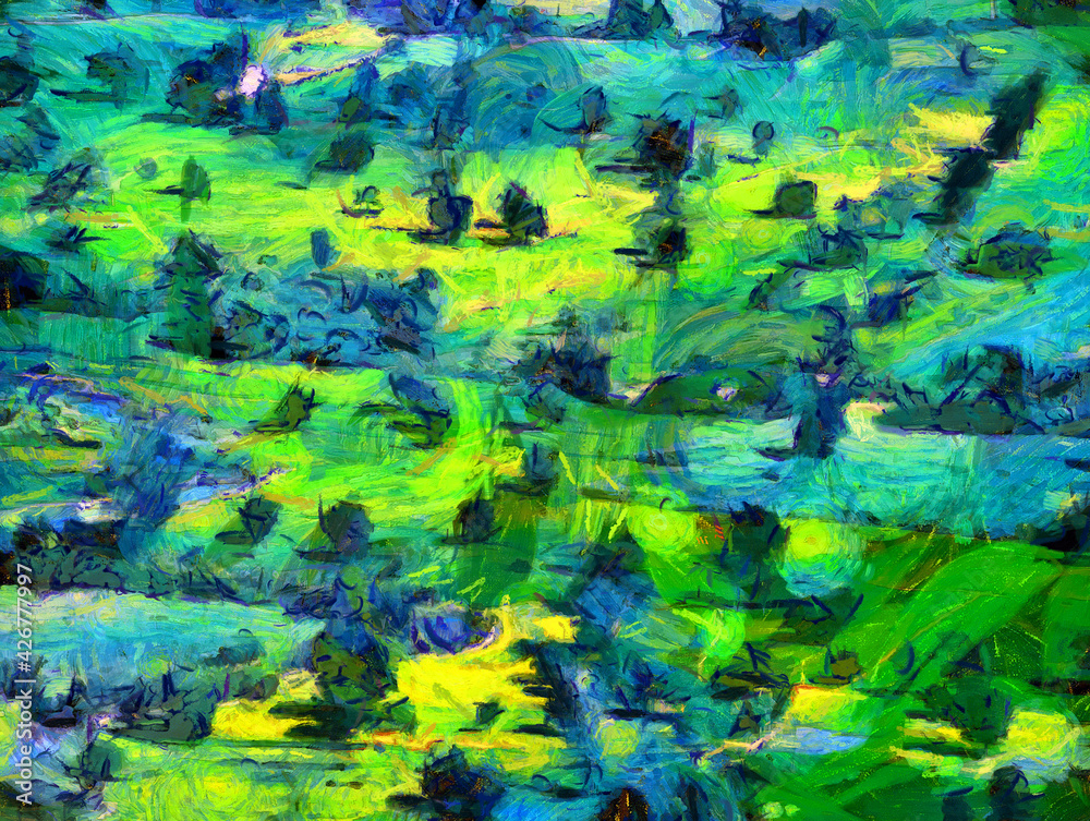 Mountain landscape of forests and ground Illustrations creates an impressionist style of painting.