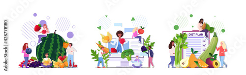 set people holding different fruits vegetables berries healthy nutrition vegan fresh raw food vegetarian concepts collection full length horizontal