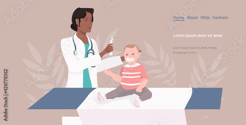 african american pediatrician or otolaryngologist checking baby ear with otoscope medical consultation medicine healthcare concept horizontal copy space