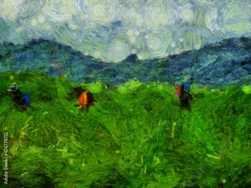 Farmers are farming in the mountains Illustrations creates an impressionist style of painting.