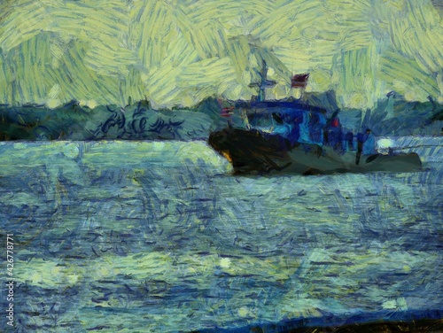 A towed boat sailing on the river Illustrations creates an impressionist style of painting. © Kittipong