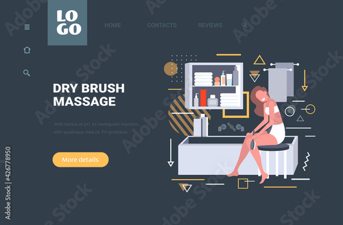 girl massaging skin of her legs with a brush for dry massage cellulite treatment dry brushing skincare concept modern bathroom interior horizontal copy space full length
