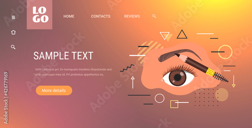 beautiful woman drawing shape of eyebrow contouring brows with cosmetic pencil professional make up eyebrows shaping concept horizontal copy space