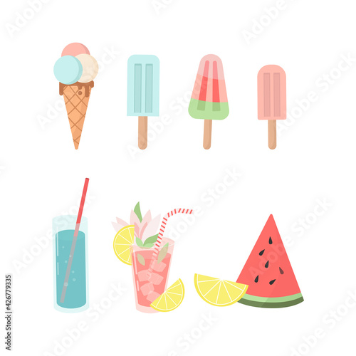 Set of colorful ice creams, cocktails and fruits. Trendy vector flat icons, isolated on white. Design for web and print. Tourism, vacation and travel concept