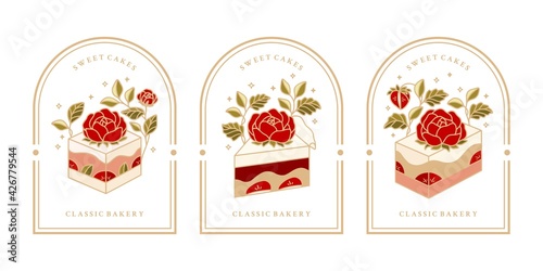 Collection of Vintage Cake Logo and Food Label with Strawberry  Chocolate  Caramel  Frame    Floral Elements