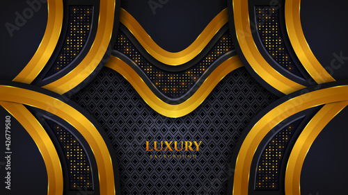 Modern luxury background with black and golden color shapes ornaments glitters glow effect Premium Vector