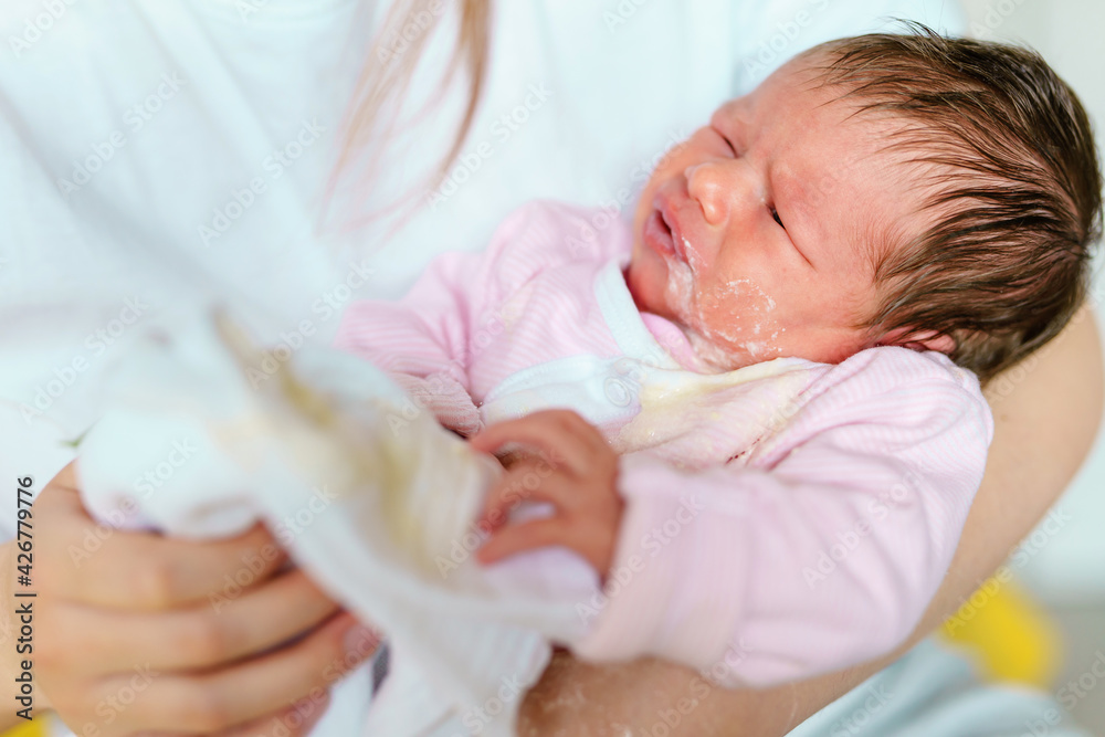 Caucasian Woman Mother Hold Newborn Infant Girl Vomiting Milk After 
