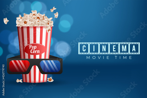 Cinematograph concept banner design template with popcorn, drink, film reel, film tape and ticket on blue bokeh background
