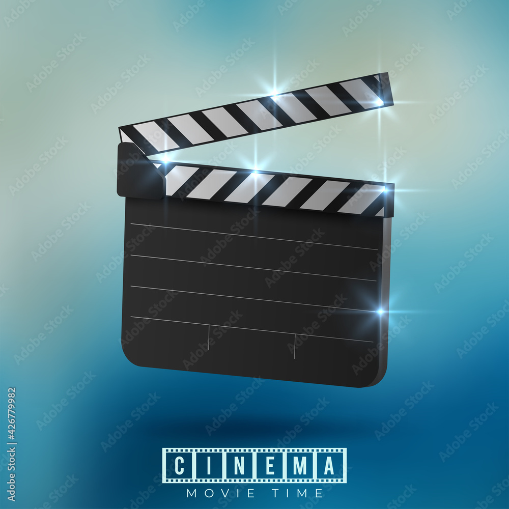 Cinematograph concept banner design template with popcorn, drink, film reel, film tape and ticket on blue bokeh background