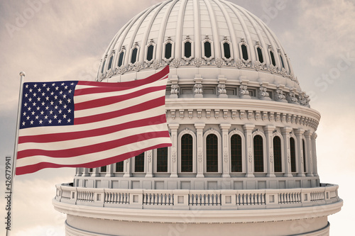 Wallpaper Mural Beautiful flag of the United States of America waving with the strong wind and behind it the dome of the Capitol USA 3D RENDER, 3D RENDERING.. Torontodigital.ca