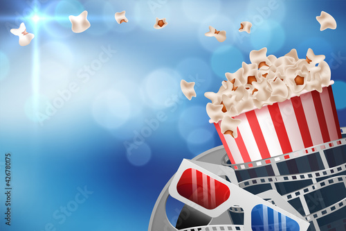 Cinematograph concept banner design template with popcorn, drink, film reel, film tape and ticket on blue bokeh background