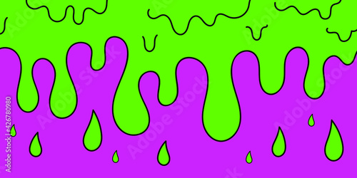 Dripping green slime with drops on a violet background, radioactive liquid with drops, flowing, vector illustration.