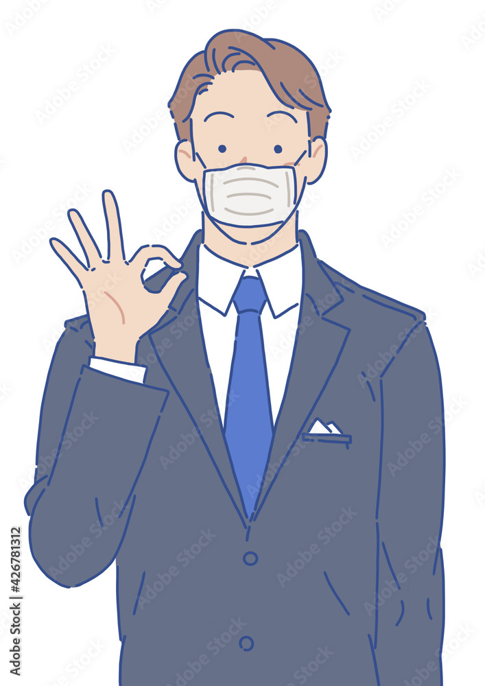 OKサインを出すスーツの男性 マスク シンプル
