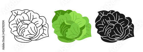 Vegetable cabbage cartoon set, line icon, black glyph style. Autumn organic food ingredient for salad. Rural green vegetable collection. Hand drawn garden concepts vector illustration