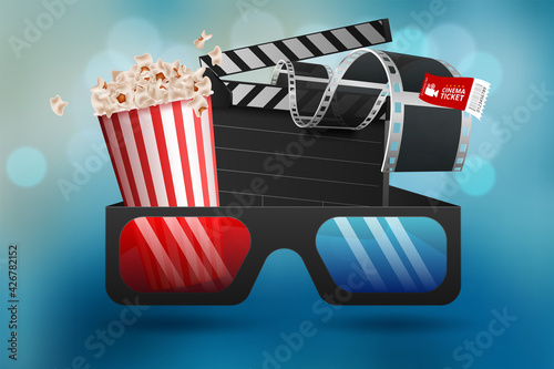 Cinematograph concept banner design template with popcorn, drink, film reel, film tape and ticket on blue bokeh background