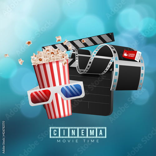 Cinematograph concept banner design template with popcorn, drink, film reel, film tape and ticket on blue bokeh background