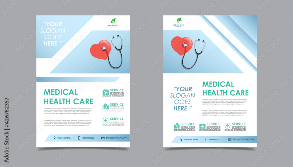 Medical health care flyer brochure template design, flyer template of health care with white background for text, space for picture and blue lines decoration. vector illustration Medical health care flyer brochure template design, flyer template of health care with white background for text, space for picture and blue lines decoration. vector illustration