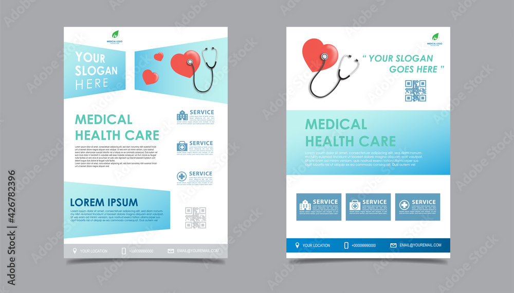 Naklejka premium Medical health care flyer brochure template design, flyer template of health care with white background for text, space for picture and blue lines decoration. vector illustration