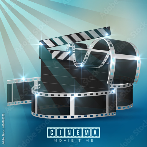 Cinematograph concept banner design template with popcorn, drink, film reel, film tape and ticket on blue bokeh background