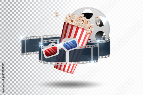 Realistic cinema movie poster template with film reel, clapper, popcorn, 3D glasses