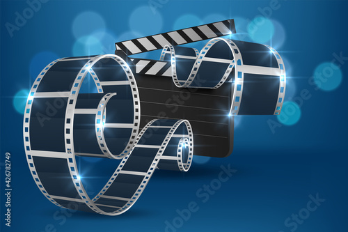 Realistic 3D cinema film strip in perspective isolated