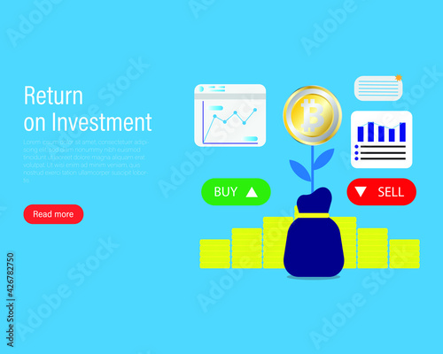 A vector of Bitcoin return on investment concept with business graph, buy and sell tab. Trading bitcoin is starting giving high return to investor.