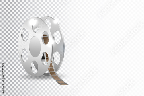 Film reel and twisted cinema tape isolated on white background