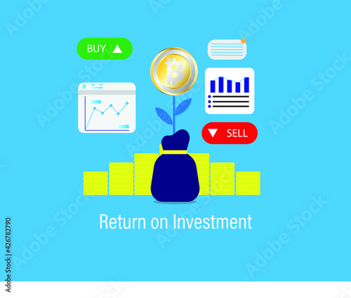 A vector of Bitcoin return on investment concept with business graph, buy and sell tab. Trading bitcoin is starting giving high return to investor.