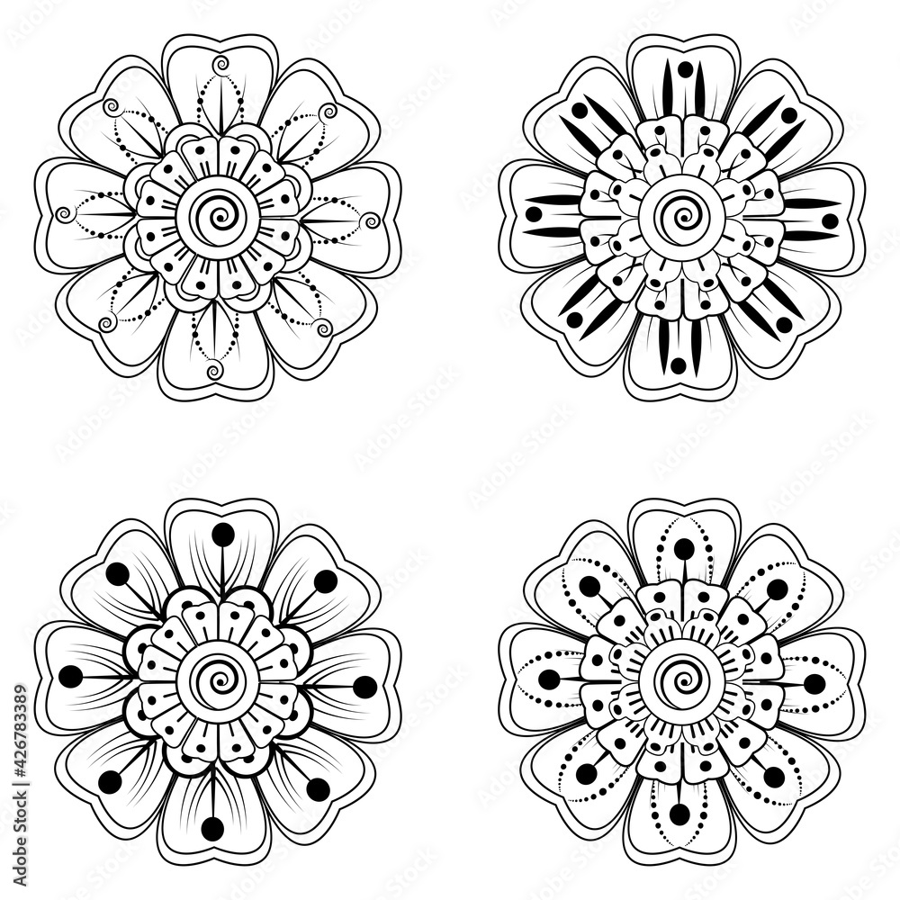Set of Mehndi flower for henna, mehndi, tattoo, decoration. decorative ornament in ethnic oriental style. coloring book page. Set of Mehndi flower for henna, mehndi, tattoo, decoration. decorative ornament in ethnic oriental style. coloring book page.