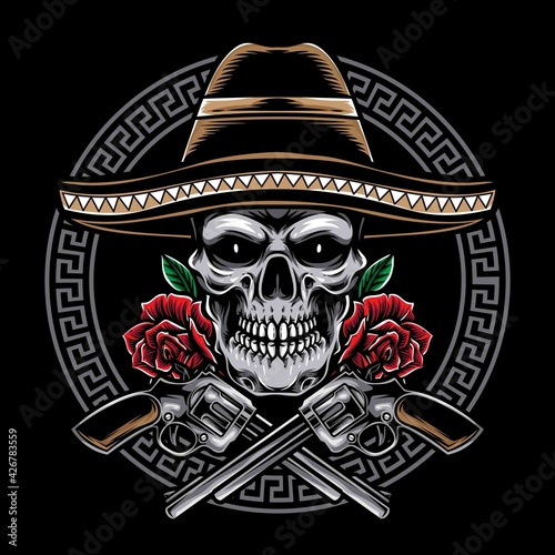 mexican skull with pistol vector photo