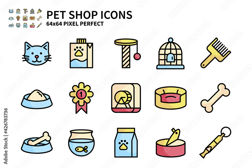 Simple Set of Pet Shop Vector Line Filled Color Icons. Contains icons ...