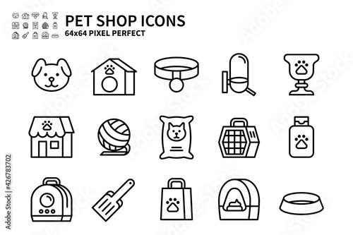 Simple Set of Pet Shop Vector Line Filled Color Icons. Contains icons like Dog head, Pet trophy, Pet shampoo, Pet leashes and more. 64x64 Pixel Perfect.
